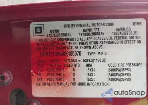 1999 Chevrolet Blazer from USA, damaged, VIN 1GNDT13W9XK185976